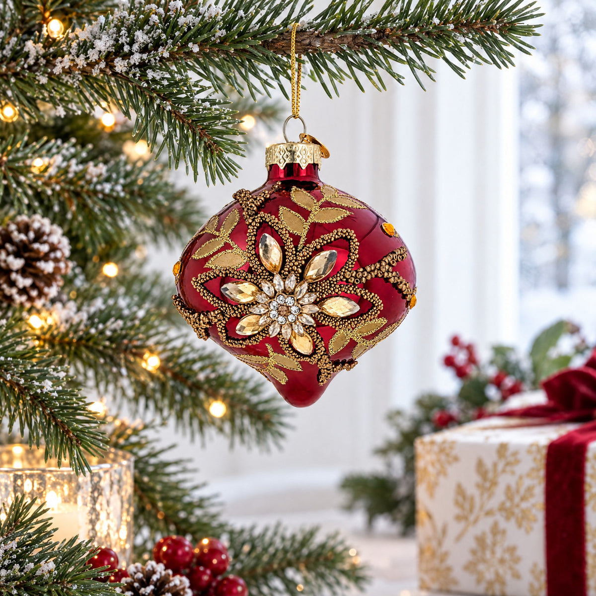 Burgundy Glass Onion Gold Leaf Crystal Christmas Ornament