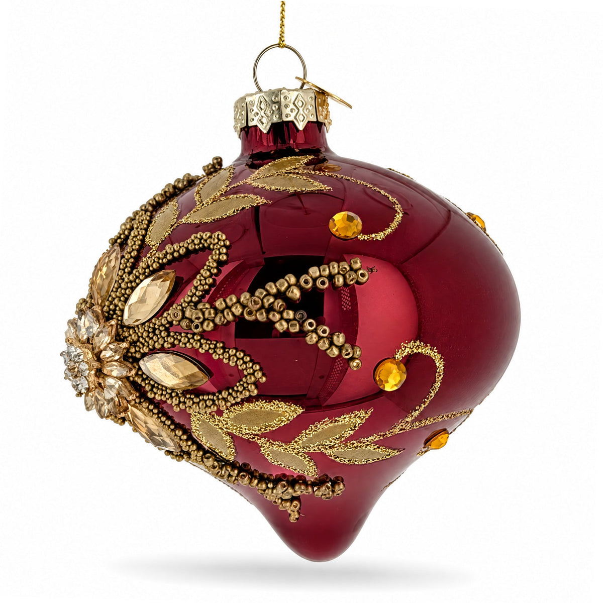 Burgundy Glass Onion Gold Leaf Crystal Christmas Ornament