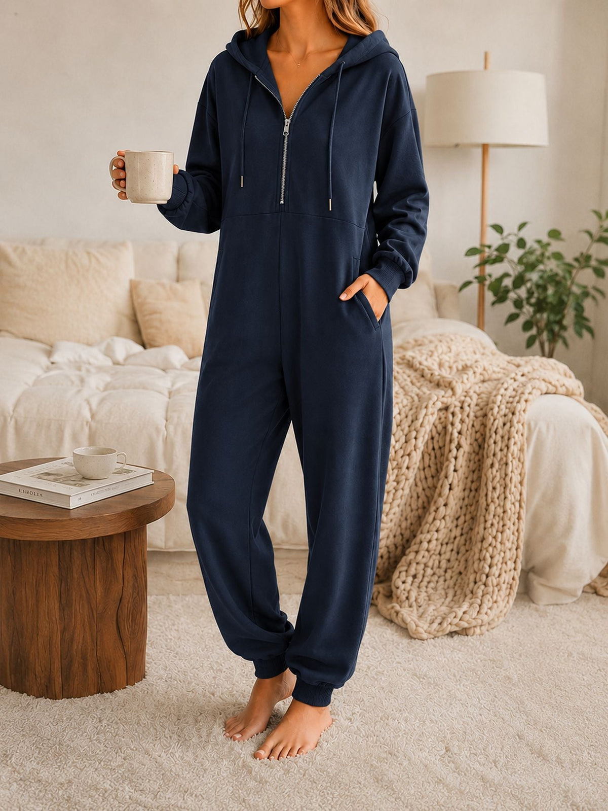 Hooded Zip-up Casual Loose-fitting Jumpsuit