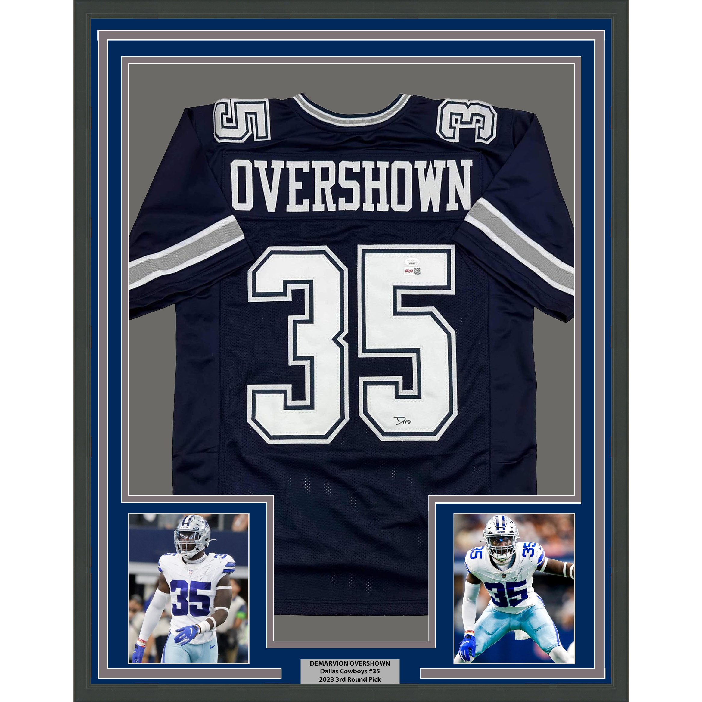 Framed Autographed/Signed DeMarvion 35x39 Overshown Dallas Blue Football Jersey JSA COA