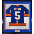 Framed Autographed/Signed Denis Potvin 35x39 New York Blue Hockey Jersey JSA COA