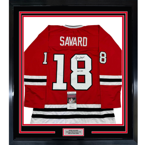 Framed Autographed/Signed Denis Savard HOF 2002 35x39 Chicago Red Hockey Jersey JSA COA