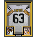 Framed Autographed/Signed Dermontti Dawson 35x39 HOF 12 Pittsburgh White Football Jersey JSA COA