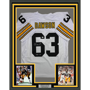 Framed Autographed/Signed Dermontti Dawson 35x39 HOF 12 Pittsburgh White Football Jersey JSA COA
