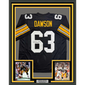 Framed Autographed/Signed Dermontti Dawson HOF 12 35x39 Pittsburgh Black Football Jersey JSA COA