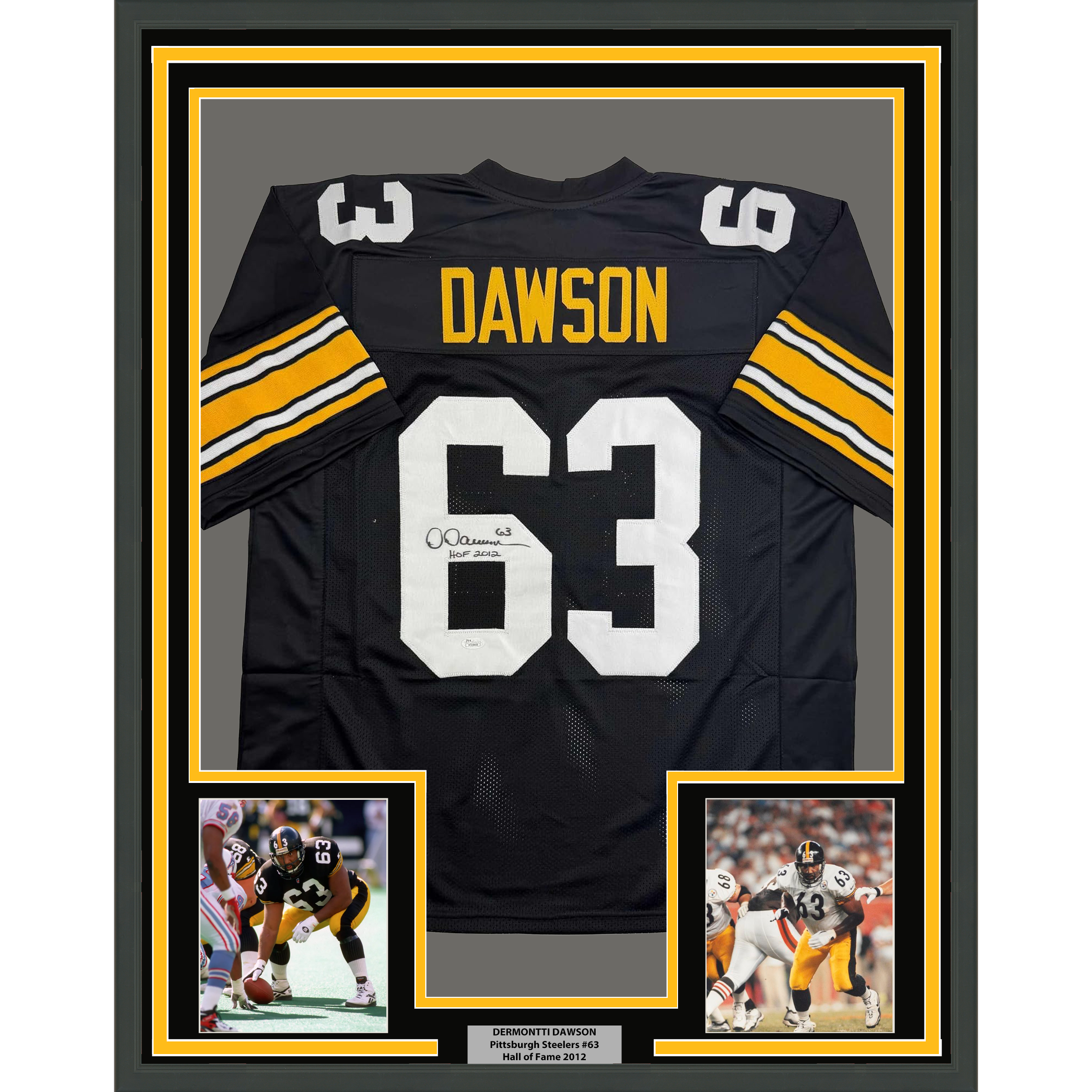 Framed Autographed/Signed Dermontti Dawson HOF 12 35x39 Pittsburgh Black Football Jersey JSA COA