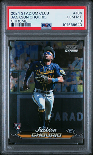 Graded 2024 Topps Stadium Club Jackson Chourio #184 Chrome Rookie RC Baseball Card PSA 10 Gem Mint