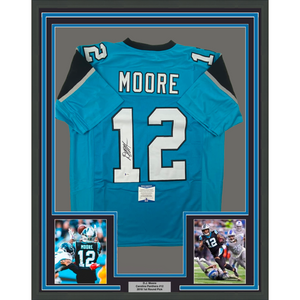 Framed Autographed/Signed DJ D.J. Moore 35x39 Carolina Teal Football Jersey Beckett BAS COA