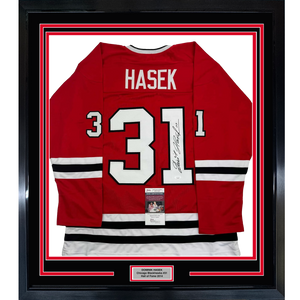 Framed Autographed/Signed Dominik Hasek 35x39 Chicago Red Hockey Jersey JSA COA