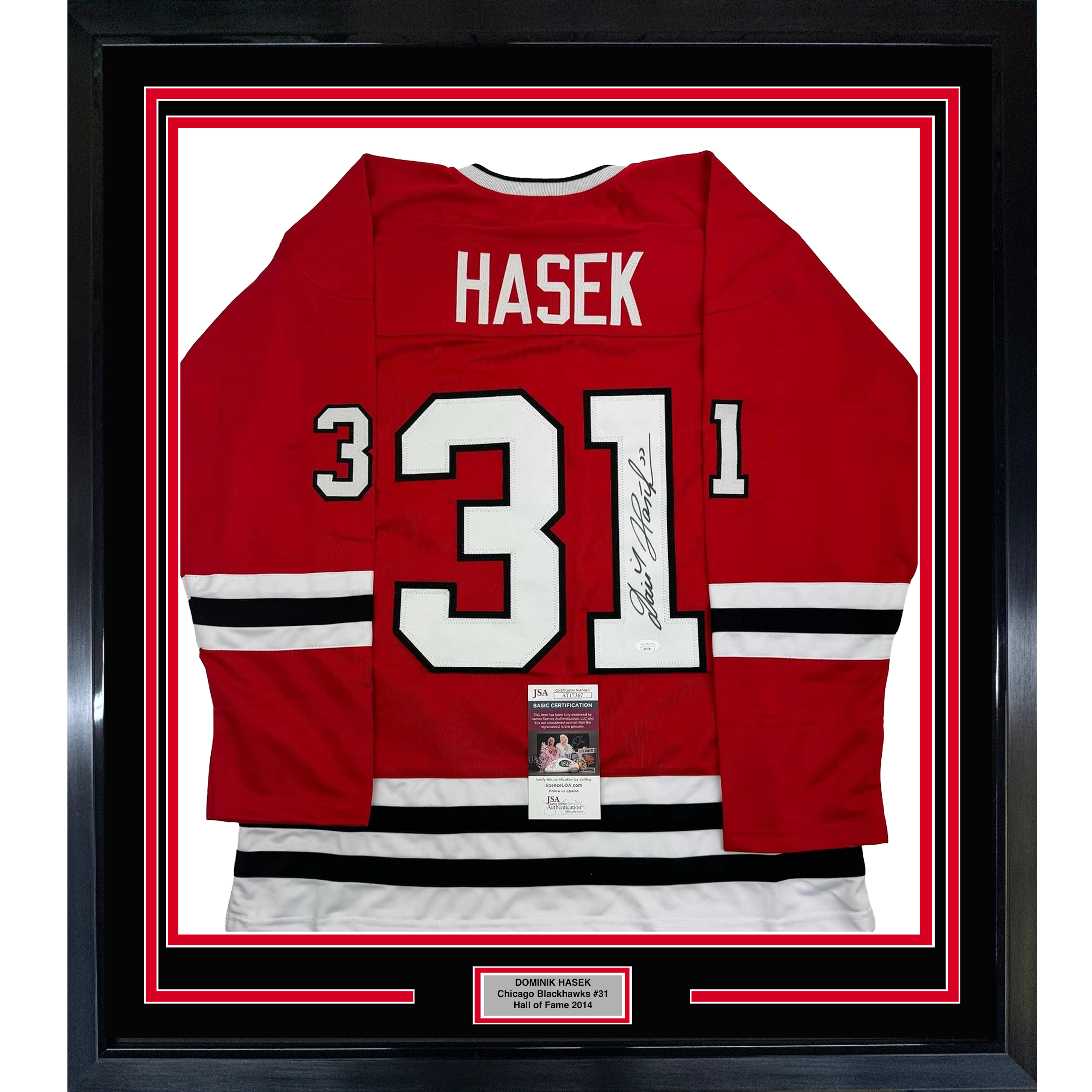 Framed Autographed/Signed Dominik Hasek 35x39 Chicago Red Hockey Jersey JSA COA