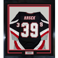 Framed Autographed/Signed Dominik Hasek 35x39 Buffalo Black Hockey Jersey Beckett BAS COA