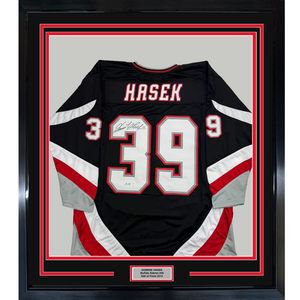 Framed Autographed/Signed Dominik Hasek 35x39 Buffalo Black Hockey Jersey Beckett BAS COA