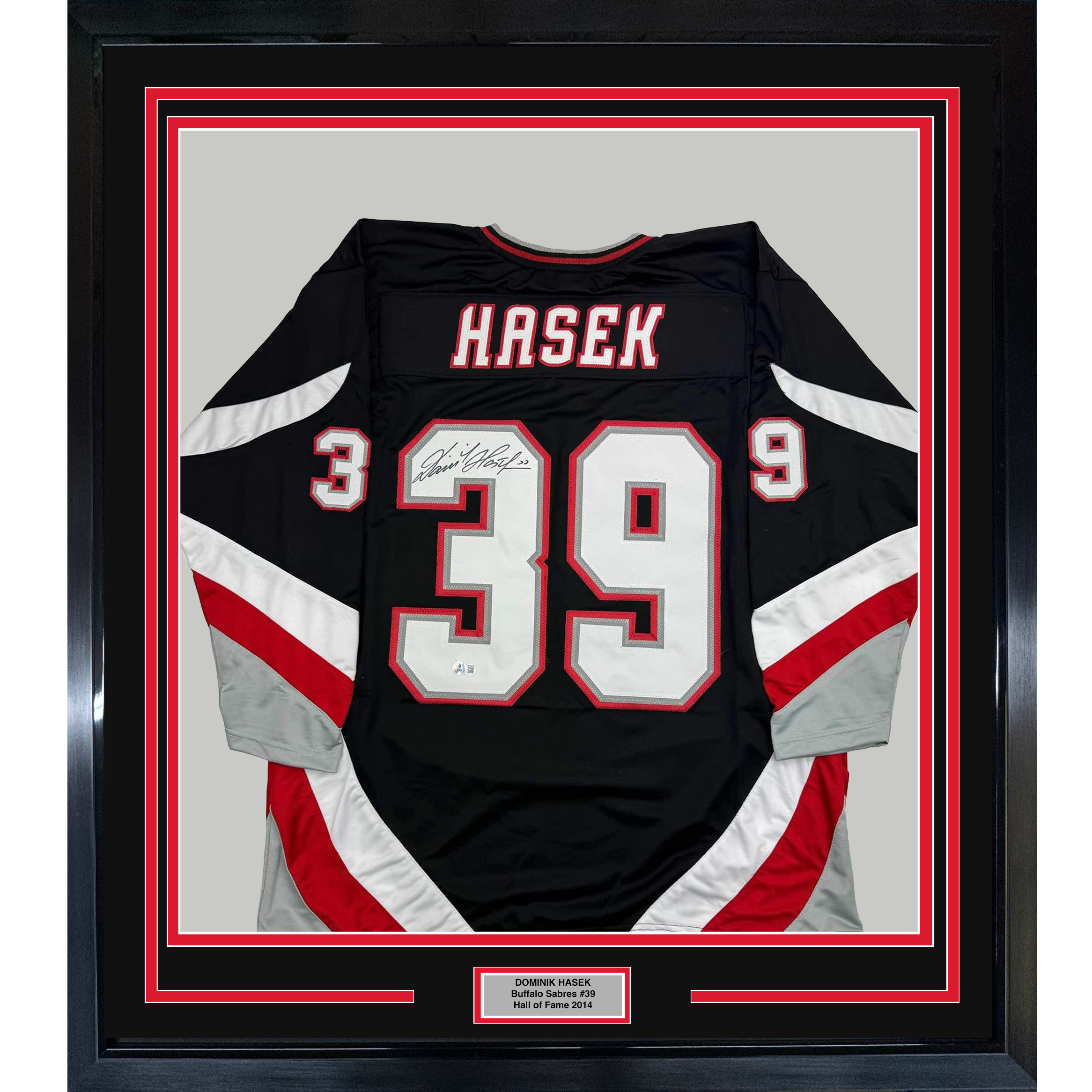 Framed Autographed/Signed Dominik Hasek 35x39 Buffalo Black Hockey Jersey Beckett BAS COA