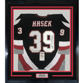 Framed Autographed/Signed Dominik Hasek HOF 14 35x39 Buffalo Black Hockey Jersey JSA COA