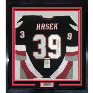 Framed Autographed/Signed Dominik Hasek HOF 14 35x39 Buffalo Black Hockey Jersey JSA COA