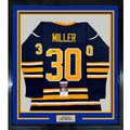 Framed Autographed/Signed Ryan Miller 35x39 Buffalo Blue Hockey Jersey JSA COA
