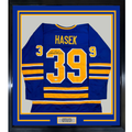 Framed Autographed/Signed Dominik Hasek 35x39 Buffalo Blue Hockey Jersey Beckett BAS COA