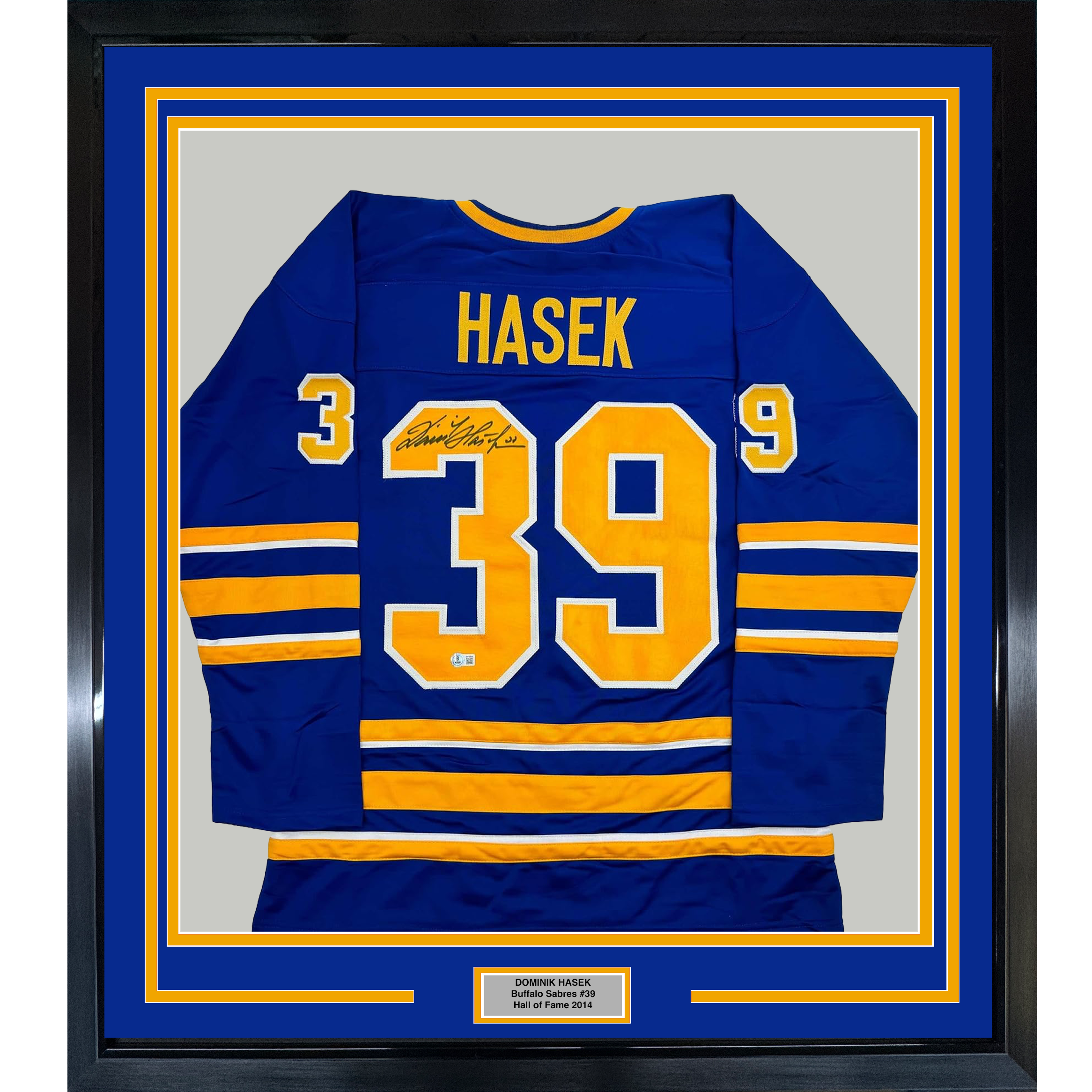 Framed Autographed/Signed Dominik Hasek 35x39 Buffalo Blue Hockey Jersey Beckett BAS COA