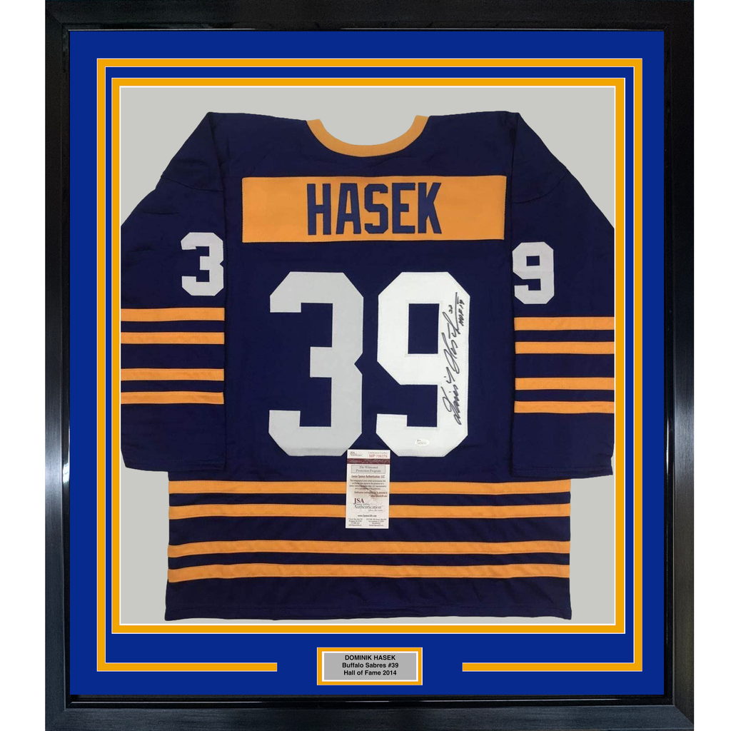 Framed Autographed/Signed Dominik Hasek HOF 14 35x39 Buffalo Alternate Blue Hockey Jersey JSA COA