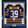 Framed Autographed/Signed Dominik Hasek HOF 14 35x39 Buffalo Alternate Blue Hockey Jersey JSA COA