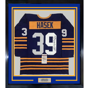 Framed Autographed/Signed Dominik Hasek HOF 14 35x39 Buffalo Alternate Blue Hockey Jersey JSA COA