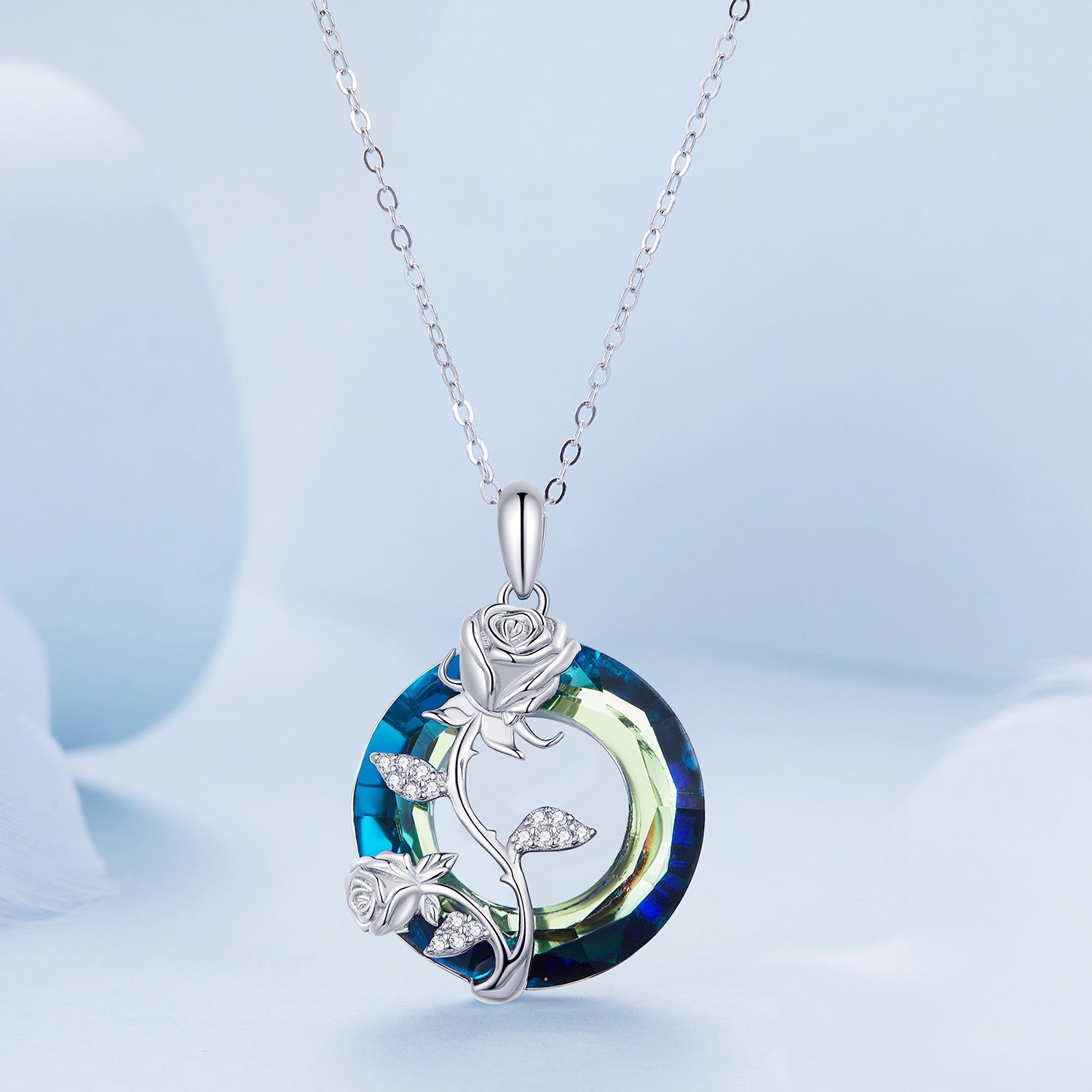 925 Sterling Silver Necklace with Pavé Setting CZ and Transparent Glass, 450mm for Women