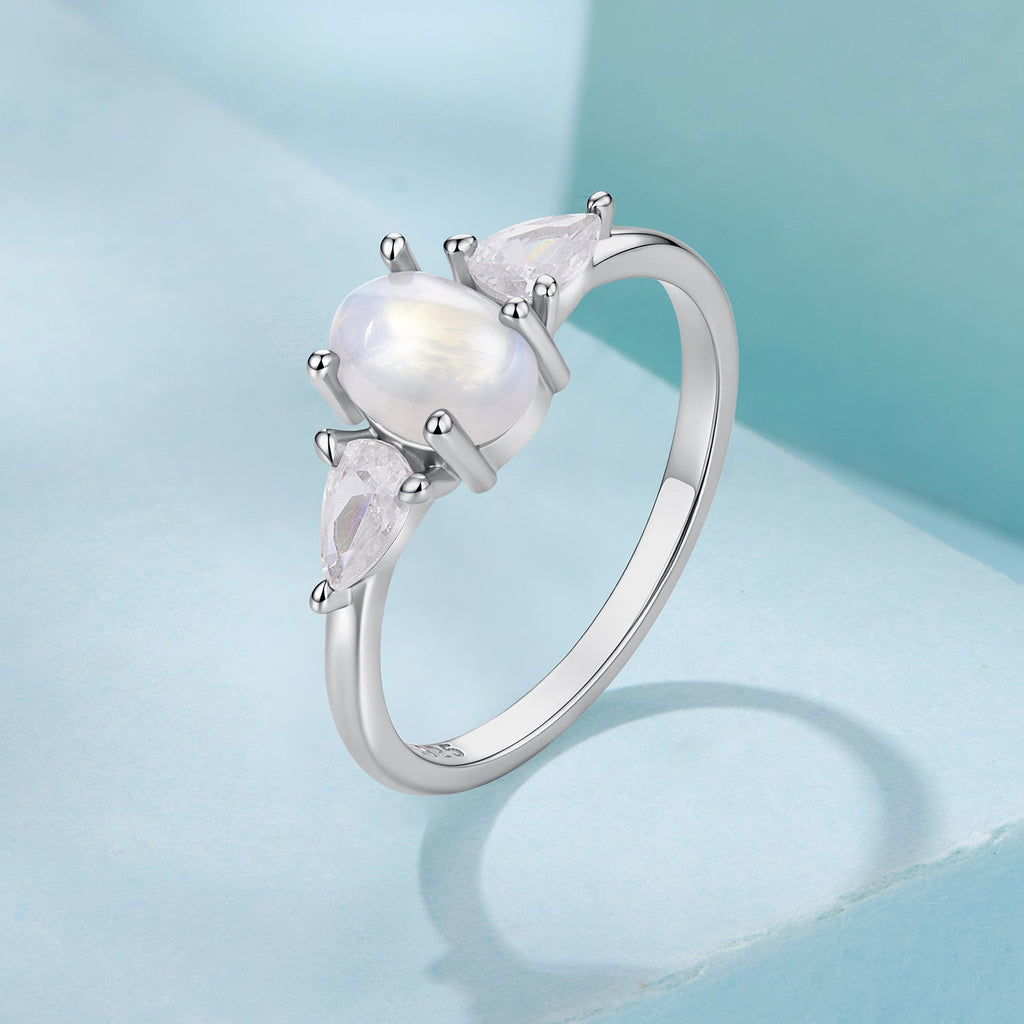 925 Sterling Silver White Gold Plated Natural Moonstone CZ Size 6 Ring for Women