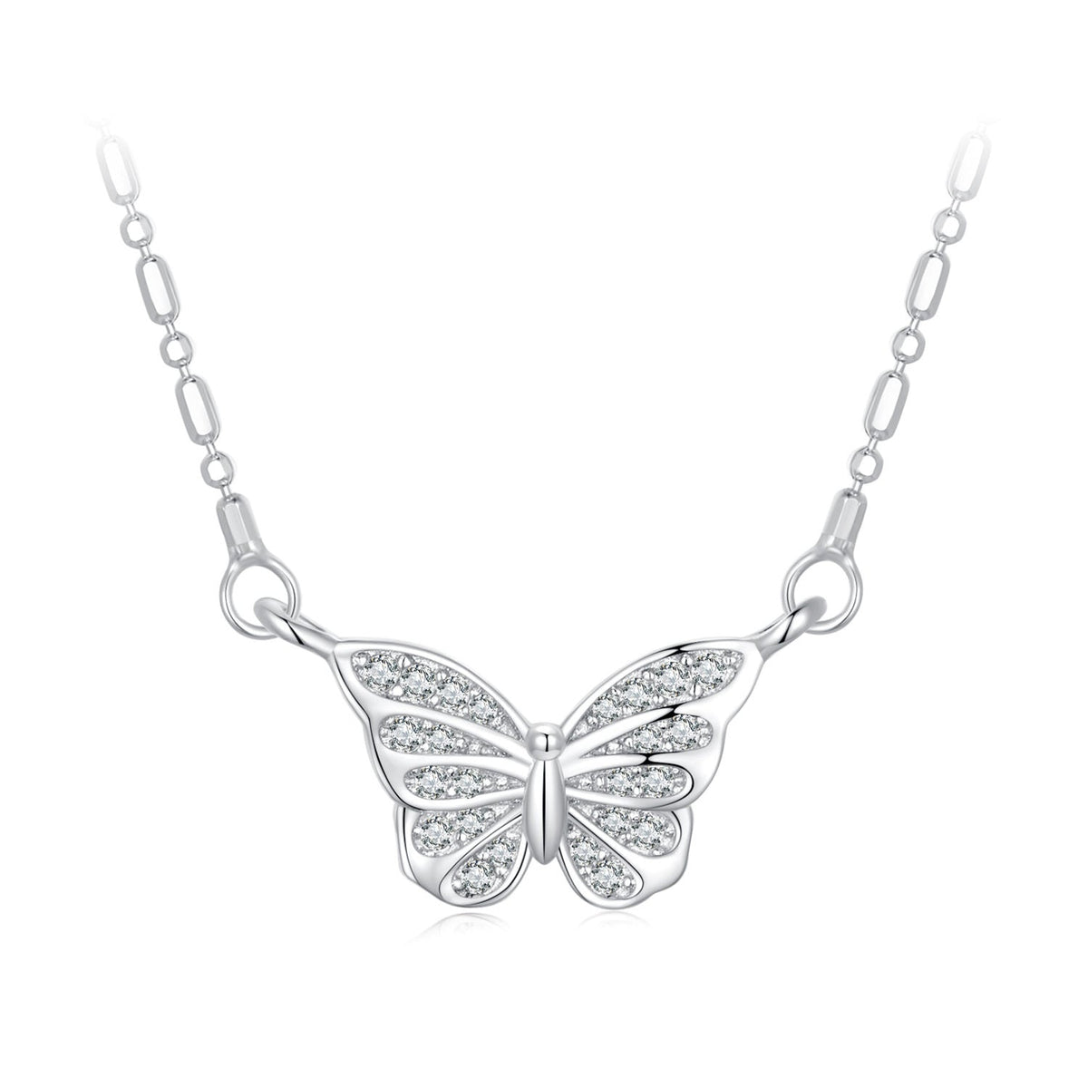 925 Sterling Silver Necklace with Pavé Setting CZ, Length 390+60mm, Pendant Size 8x15mm, for Women