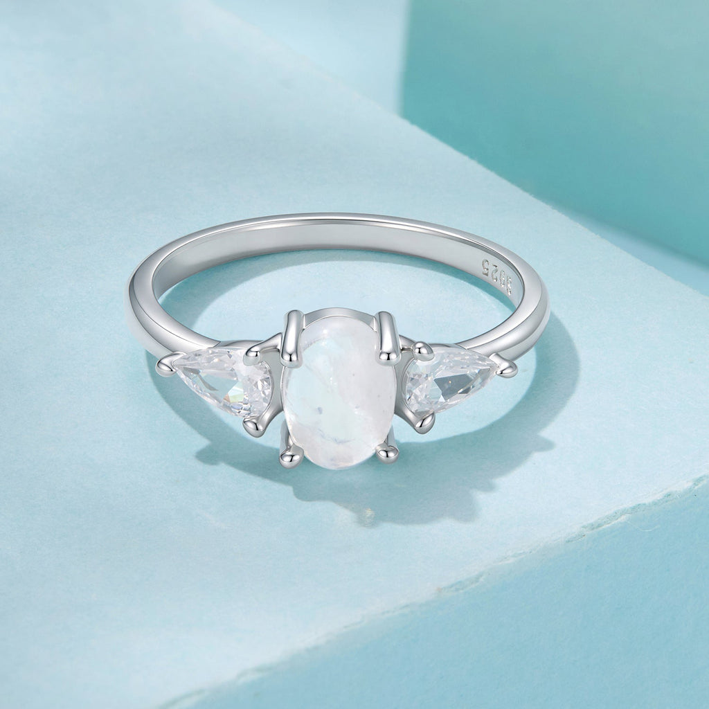 925 Sterling Silver White Gold Plated Natural Moonstone CZ Size 6 Ring for Women