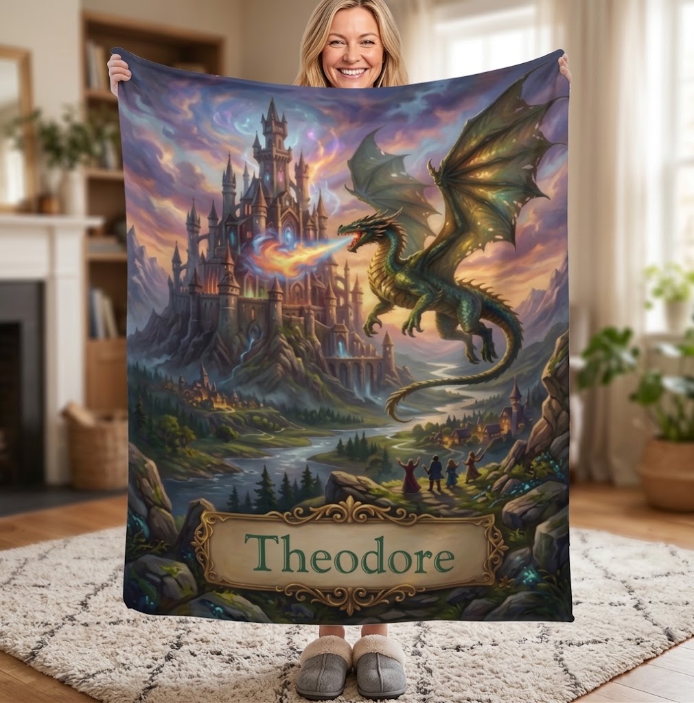 Personalized Dragon Castle Blanket – Custom Name Fantasy Throw for Boys, Girls & Dragon Lovers