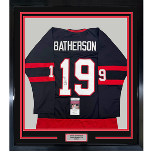Framed Autographed/Signed Drake Batherson 35x39 Ottawa Black Hockey Jersey JSA COA