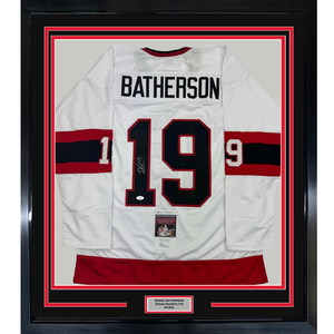 Framed Autographed/Signed Drake Batherson 35x39 Ottawa White Hockey Jersey JSA COA