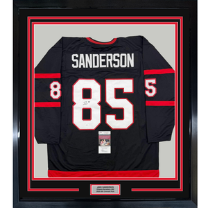 Framed Autographed/Signed Jake Sanderson 35x39 Ottawa Black Hockey Jersey JSA COA