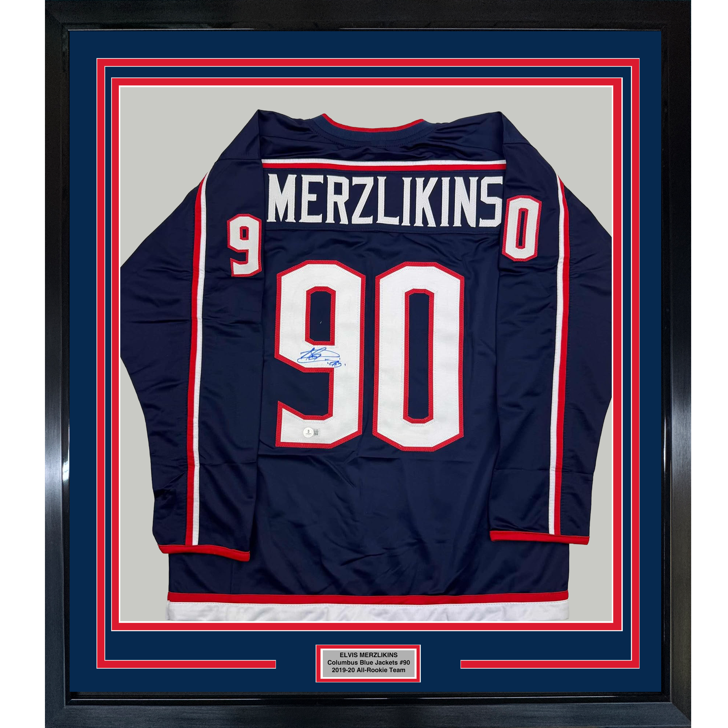 Framed Autographed/Signed Elvis Merzlikins 35x39 Columbus Blue Hockey Jersey Beckett BAS COA
