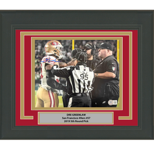 Framed Autographed/Signed Dre Greenlaw vs Big Dom San Francisco 49ers 8x10 Football Photo Beckett BAS COA