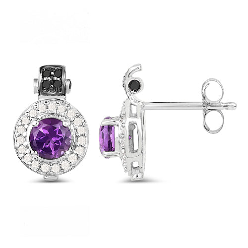 2.29 Carat Genuine Amethyst, Black Diamond and White Diamond .925 Sterling Silver Earrings