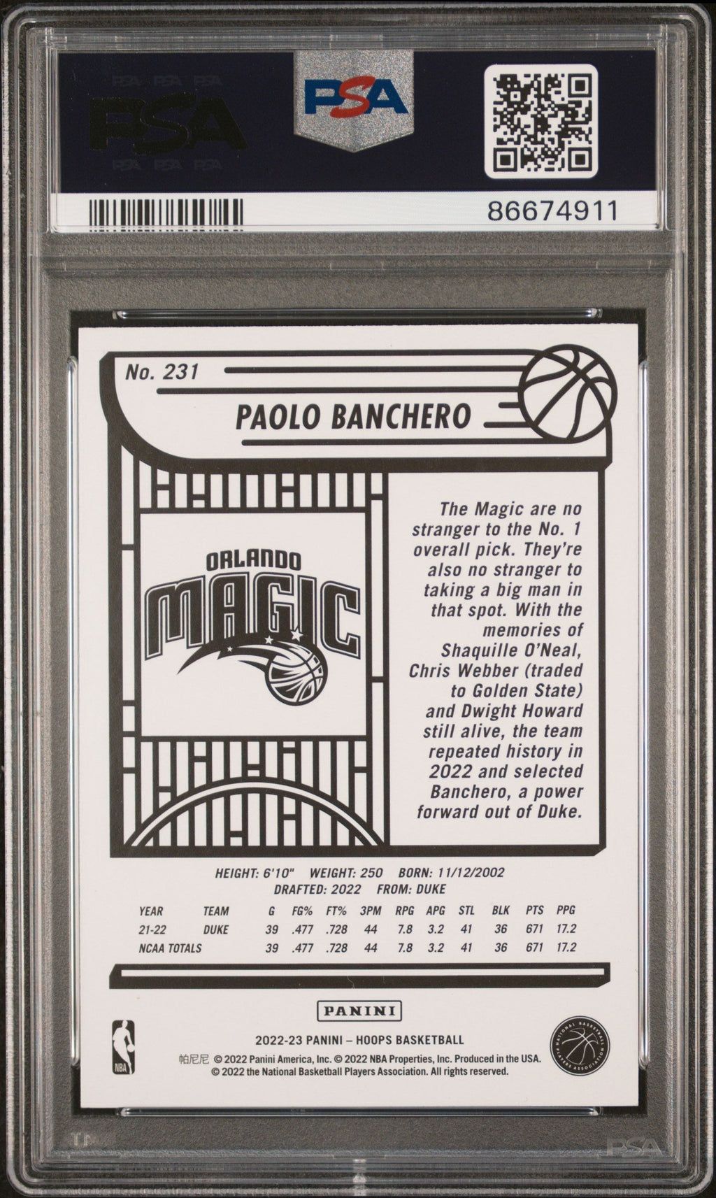 Graded 2022 Panini NBA Hoops Paolo Banchero #231 Winter Rookie RC Basketball Card PSA 9 Mint