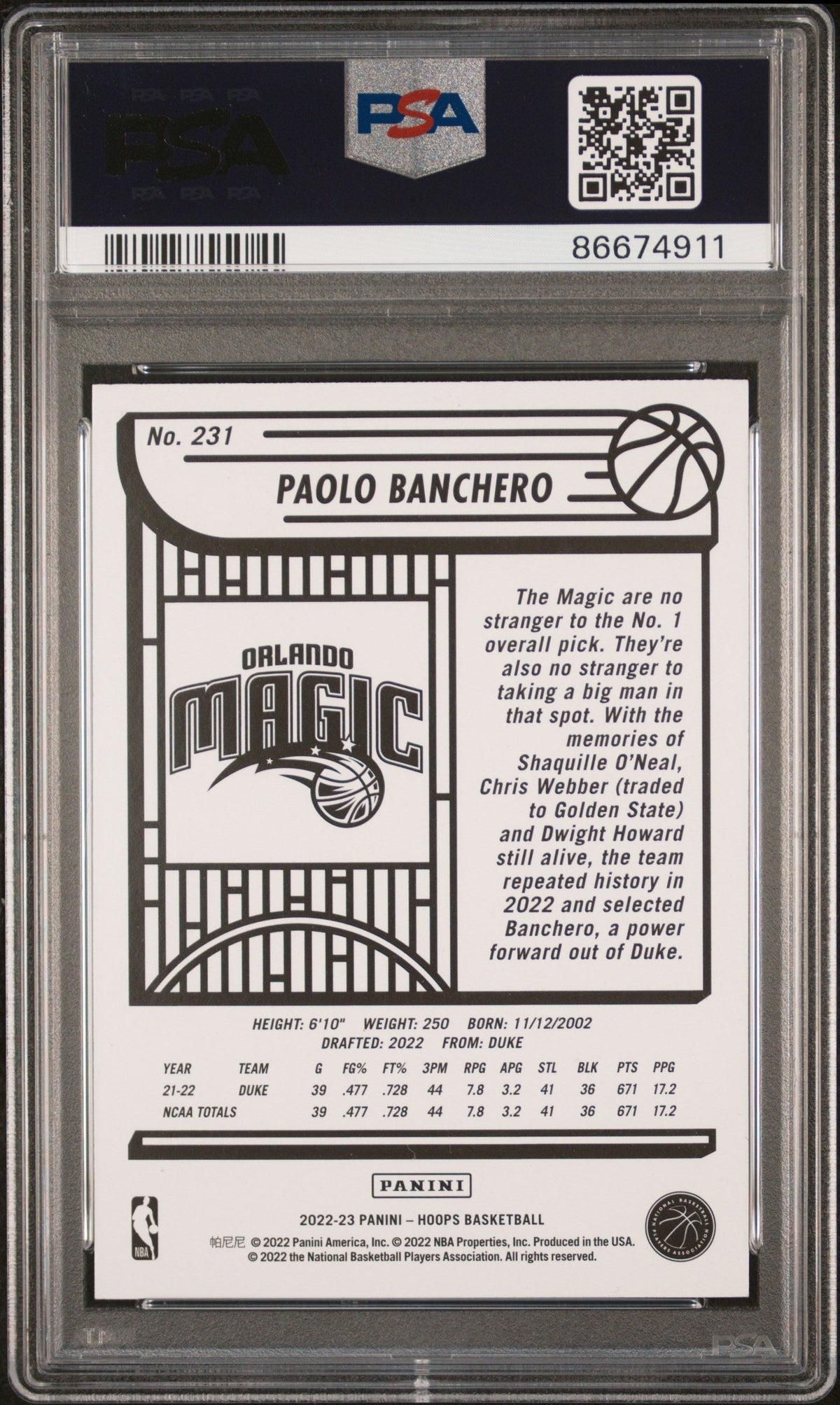 Graded 2022 Panini NBA Hoops Paolo Banchero #231 Winter Rookie RC Basketball Card PSA 9 Mint