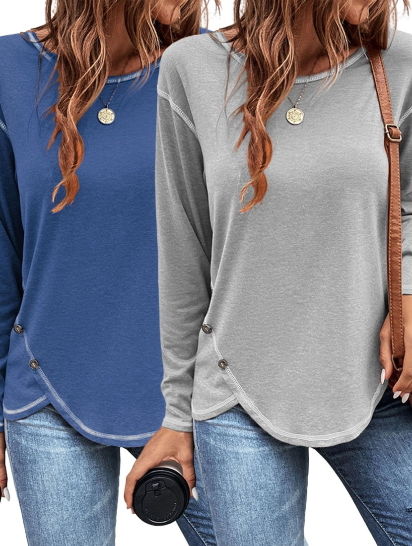 Europe And America New Women's Solid Button Irregular Edge T-shirt