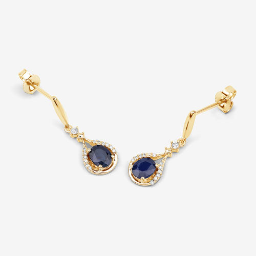 0.86 Carat Genuine Blue Sapphire and White Diamond 14K Yellow Gold Earrings