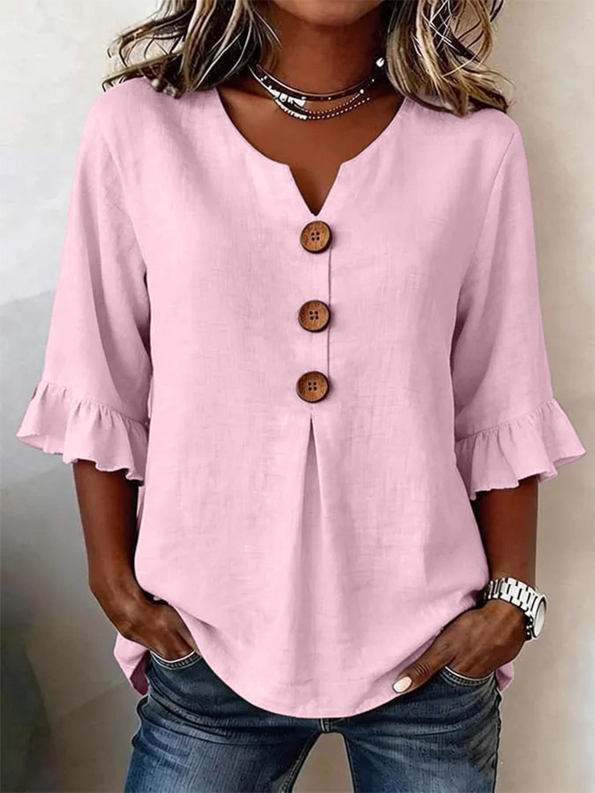 2026 Summer Women's V Neck Cotton Linen Button Up Shirt Solid Color Button Design  Short Sleeve
