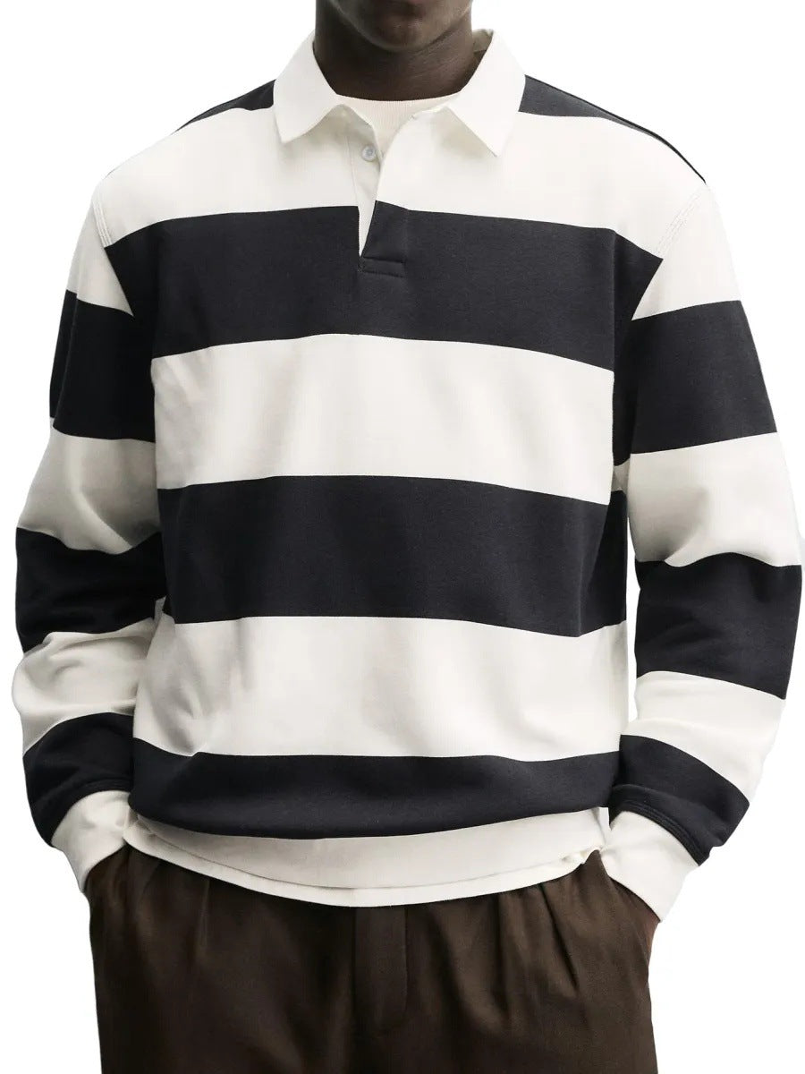 Mens Loose-collar Long-sleeved Striped T-shirt
