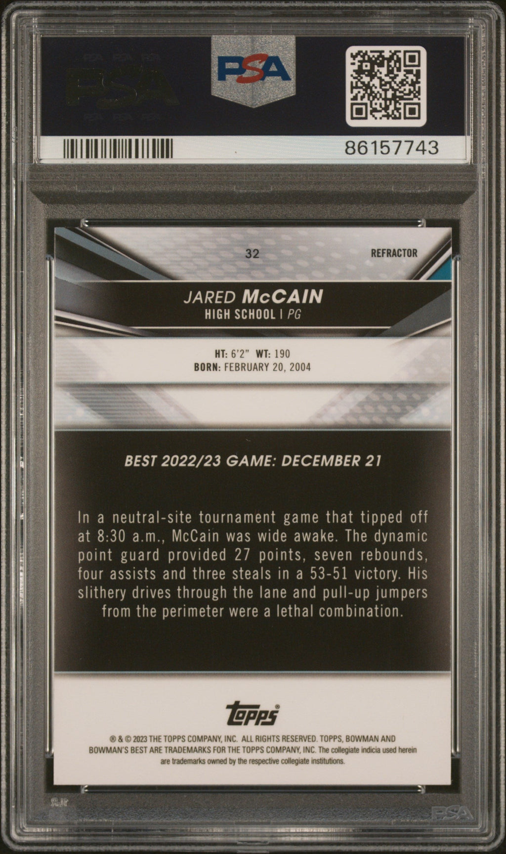 Graded 2022 Topps Bowman University Best Jared McCain #32 Refractor Rookie RC Basketball Card PSA 10 Gem Mint