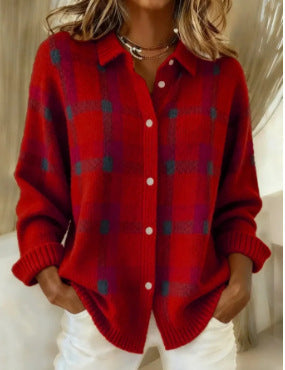 European And American Cross-Border Amazon Independent Station Women's Casual Loose Autumn And Winter Plaid Long-Sleeved Lapel Shirt Sweater Cardigan