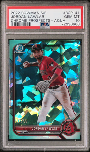 Graded 2022 Topps Bowman Sapphire Edition Jordan Lawler #BCP141 Chrome Prospects Aqua /55 Rookie RC Baseball Card PSA 10 Gem Mint