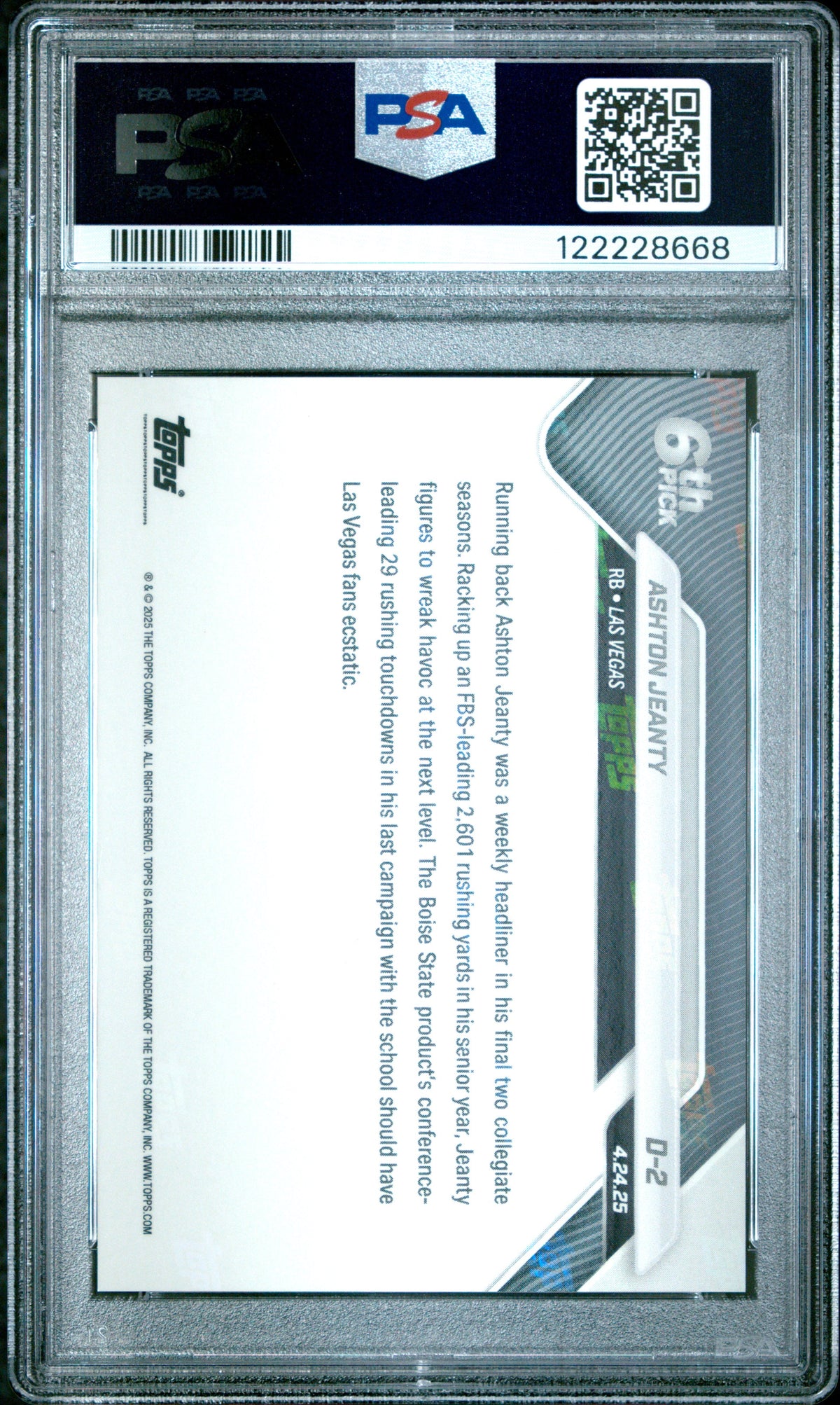Graded 2025 Topps Now Ashton Jeanty #D2 Rookie RC Football Card PSA 9 Mint