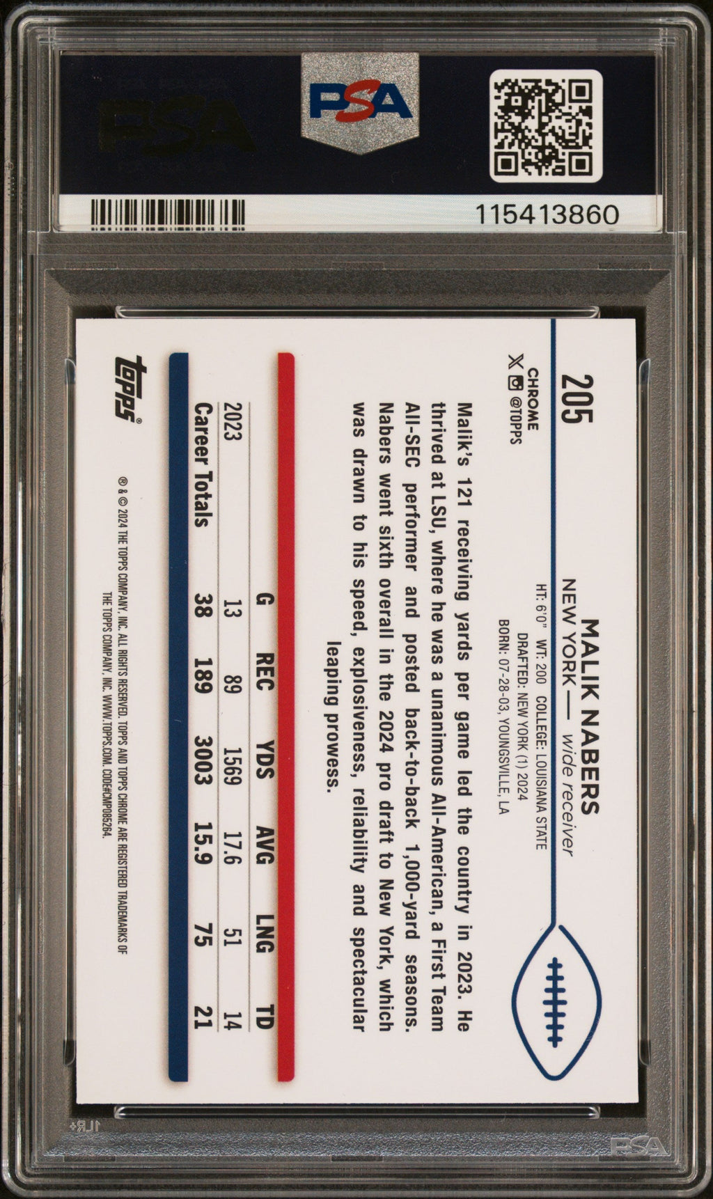Graded 2024 Topps Chrome Malik Nabers #205 Rookie RC Football Card PSA 7 Near Mint