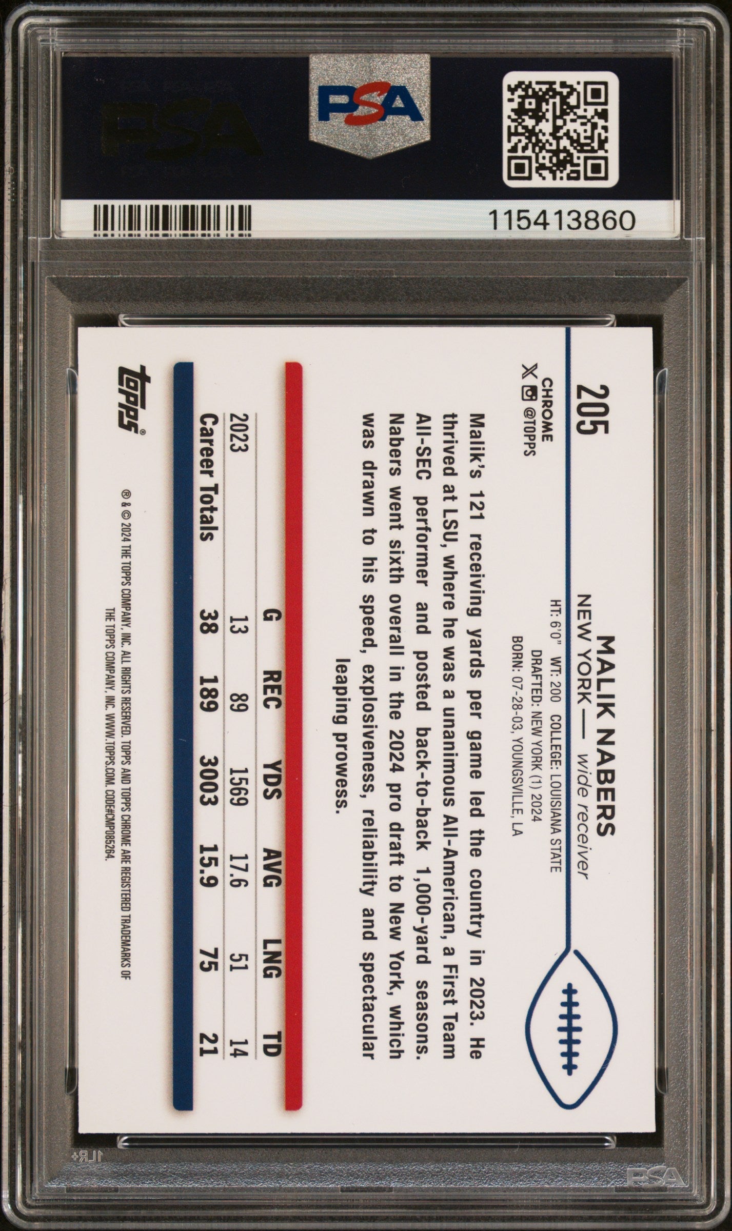 Graded 2024 Topps Chrome Malik Nabers #205 Rookie RC Football Card PSA 7 Near Mint