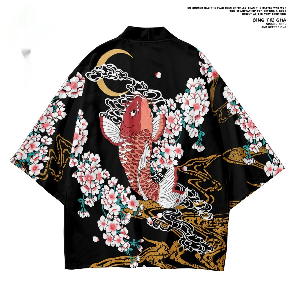 Koi Digital Printing Japanese Harajuku Kimono Robe Cloak Cropped Pants Set