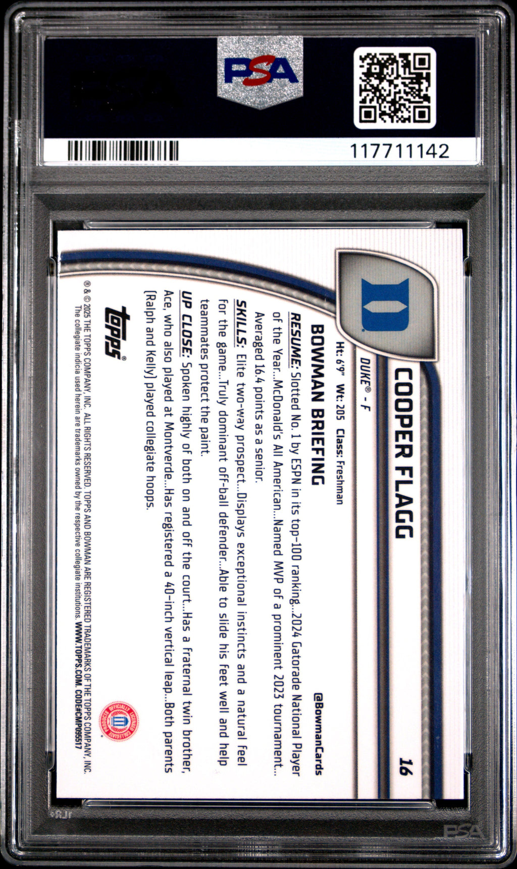 Graded 2024 Topps Bowman Chrome U Cooper Flagg #16 Rookie RC Basketball Card PSA 8 Near Mint
